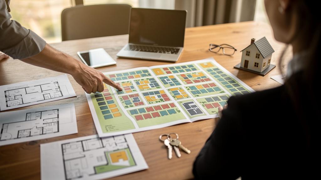 Agent immobilier montrant un plan de quartier à un couple