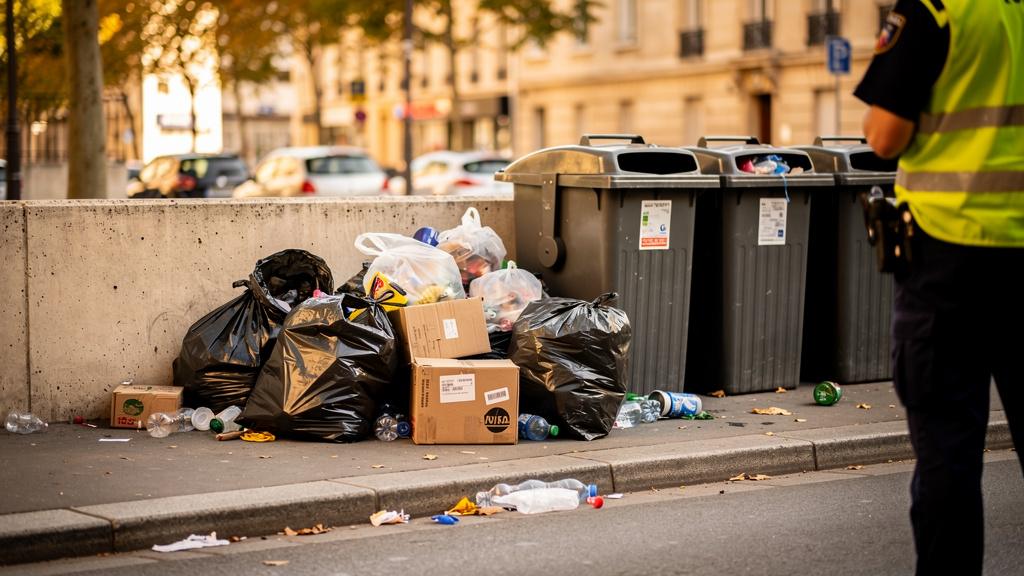 Agent municipal constatant un dépôt de poubelles non conforme en ville