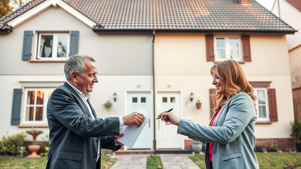 Deux voisins signant un accord devant leurs maisons accolées