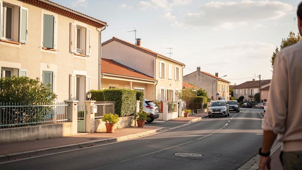 Habitant marchant dans une rue résidentielle calme de Montauban en journée