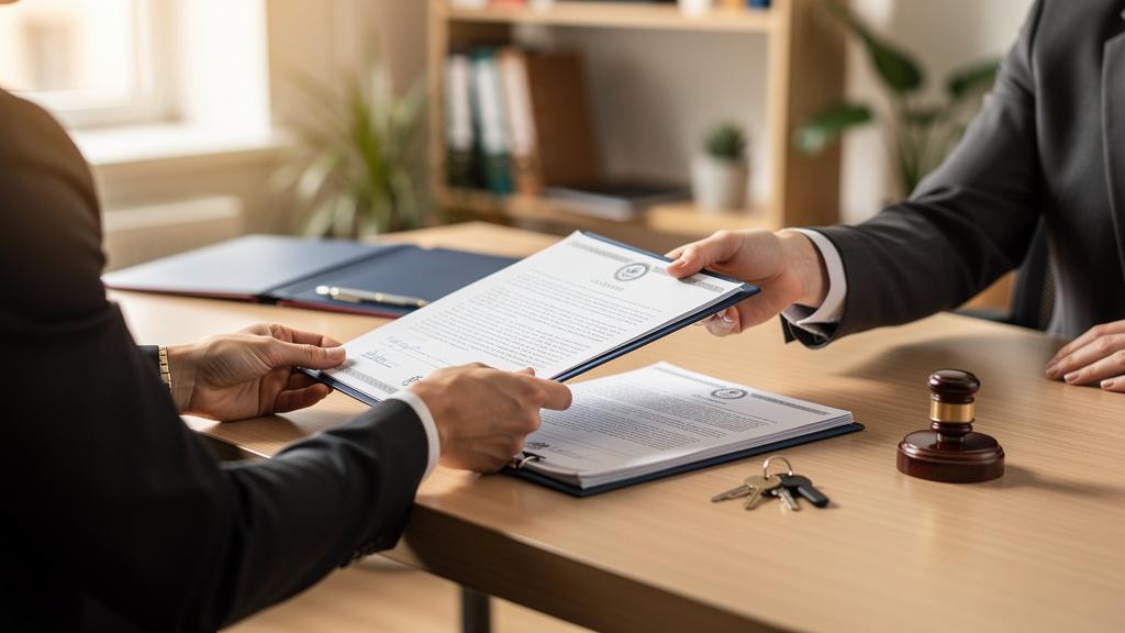 Notaire remettant des documents à un acquéreur lors d'une signature d'acte immobilier