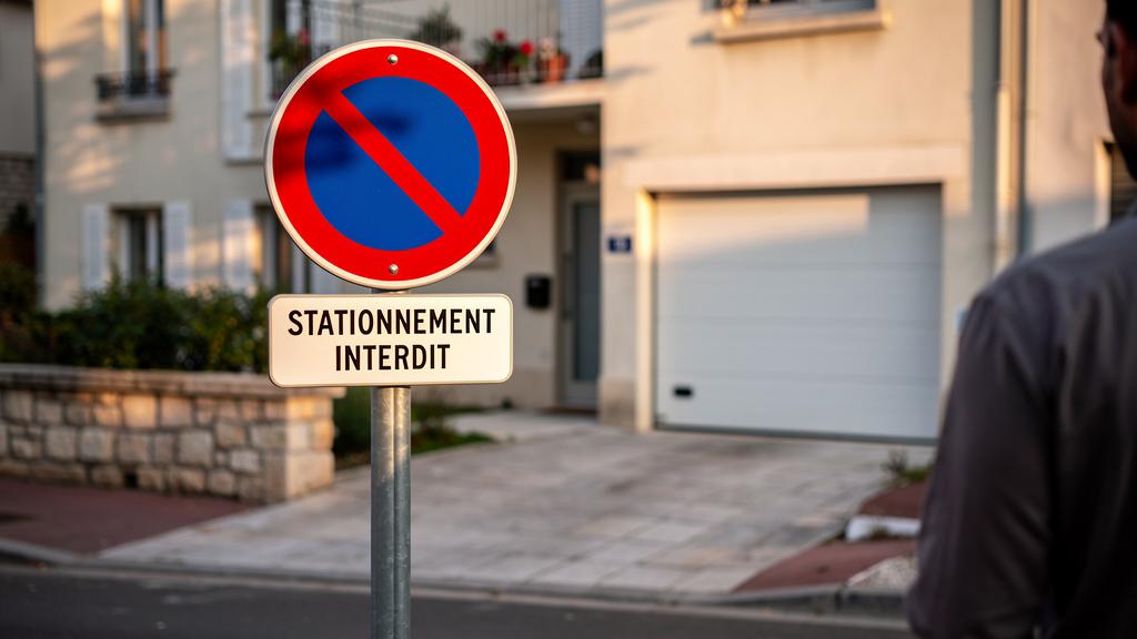 Panneau stationnement interdit devant une entrée carrossable