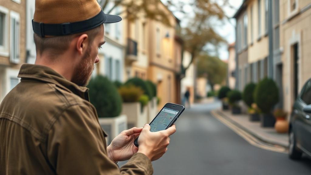Personne consultant une carte de quartiers sur son smartphone dans une rue résidentielle