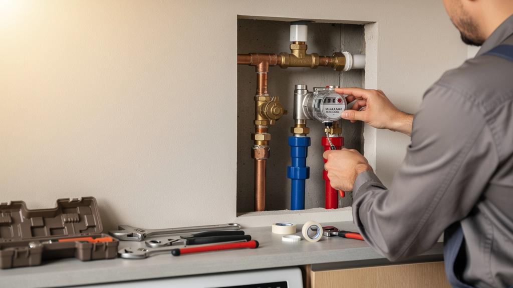 Plombier installant un compteur d'eau individuel dans un appartement