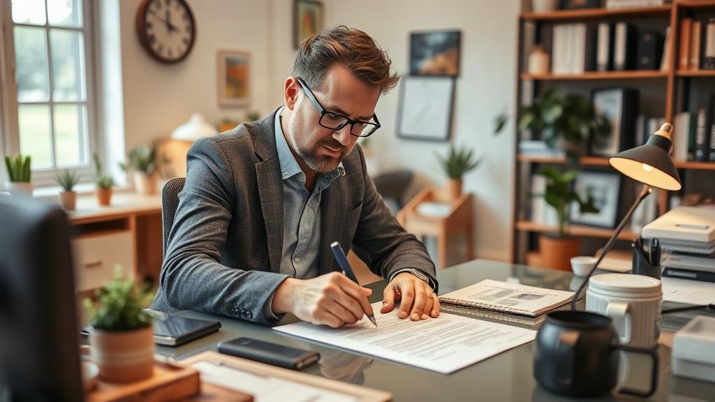 Propriétaire lisant un contrat de location à son bureau