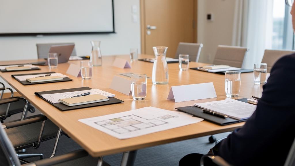 Réunion d'assemblée générale de copropriétaires autour d'une table de salle de réunion