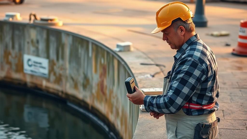 Technicien installant une alarme de détection sur le bord d'un bassin