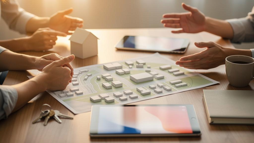 Un couple et un agent immobilier discutant autour d'un plan de quartier posé sur une table