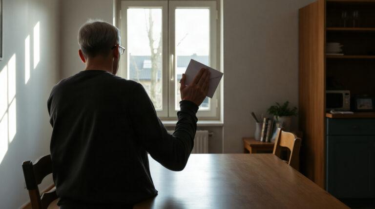 Locataire lisant un courrier officiel de son bailleur social à son domicile