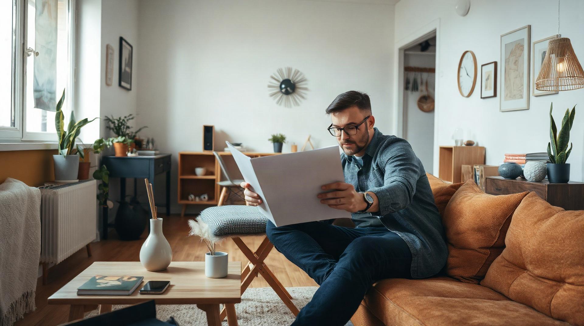 Locataire lisant un document dans son appartement