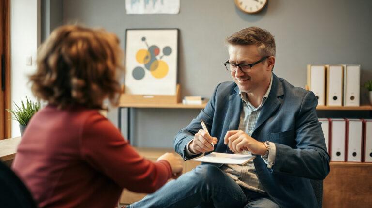 Propriétaire signant une quittance de loyer à son bureau