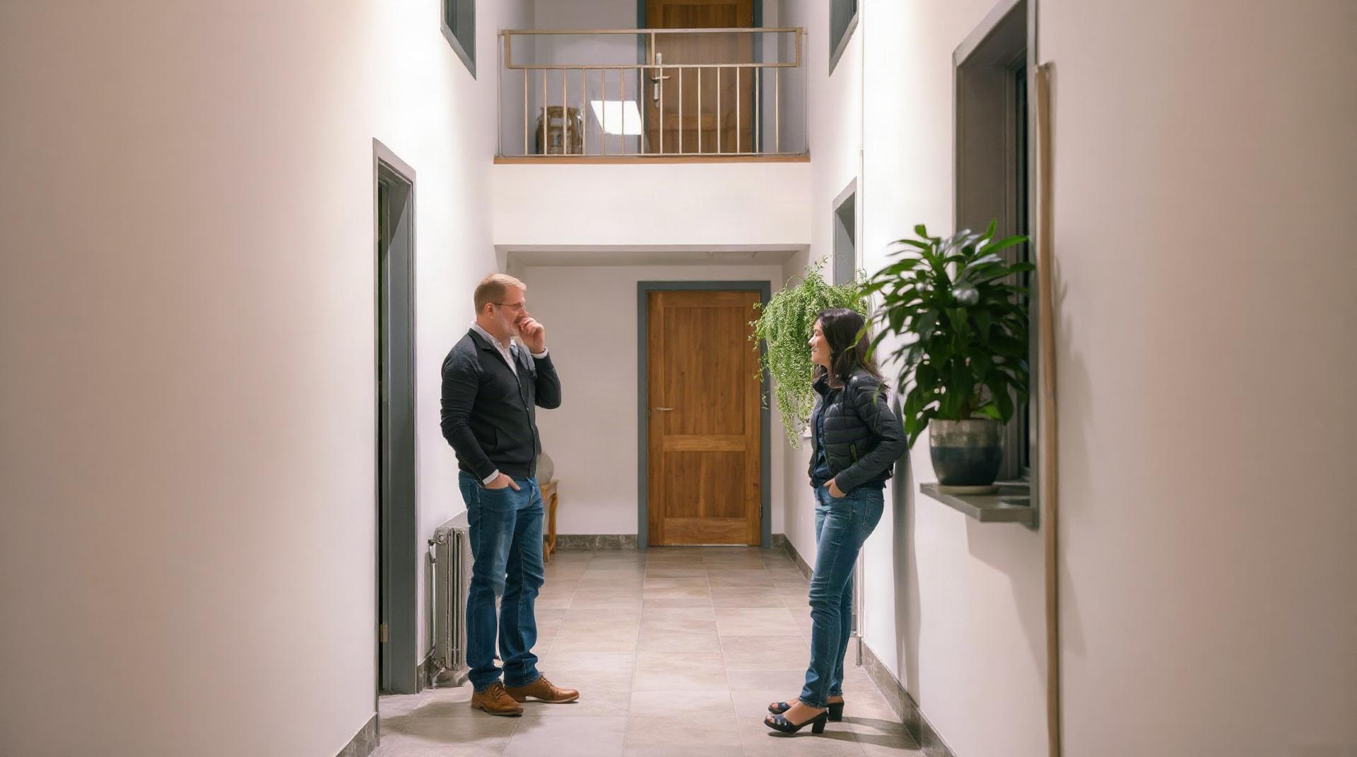 Un locataire et son propriétaire discutent face à face dans le couloir d'un immeuble