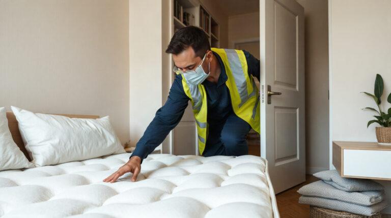 Un technicien en combinaison de protection inspecte un matelas dans un appartement